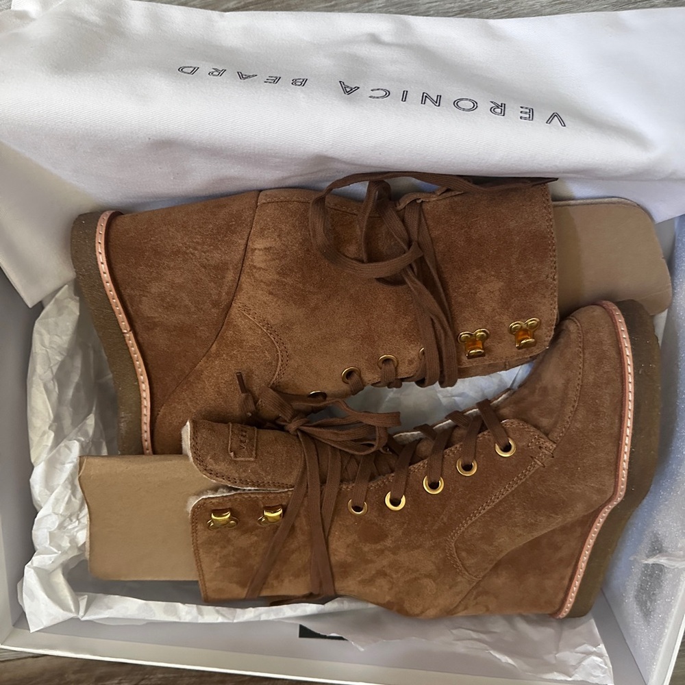 with box Veronica Beard Womens Brown Ananya Shearling Wedge Boots Shoe - Picture 6 of 8